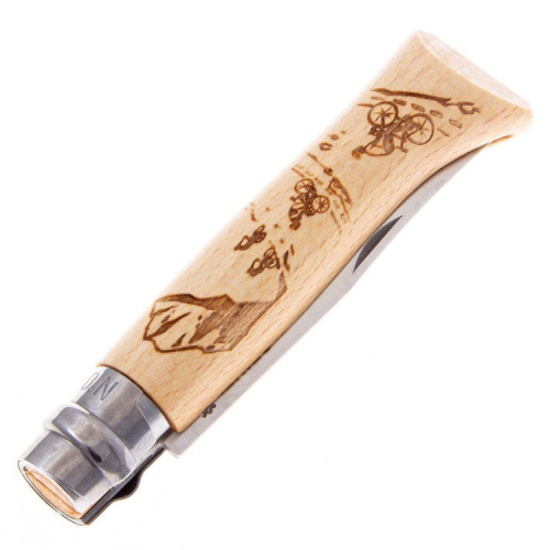 Нож Opinel №8 Alpine adventures, нержавеющая сталь, рукоять дуб, гравировка горный велосипед, 002187 фото 2
